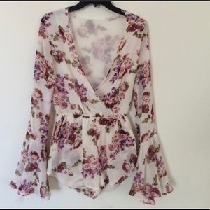 Nasty Gal Floral Romper - white with bell sleeves
